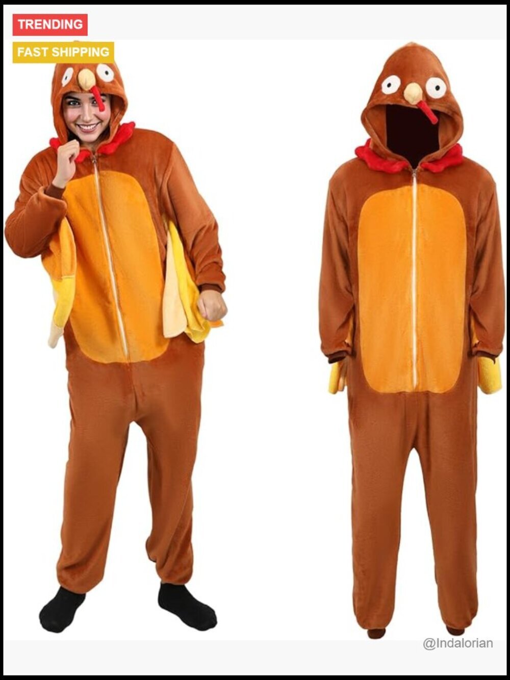 Adult Turkey Onesie Costume - Flannel Pajamas, Zipper Closure, Funny Animal Suit